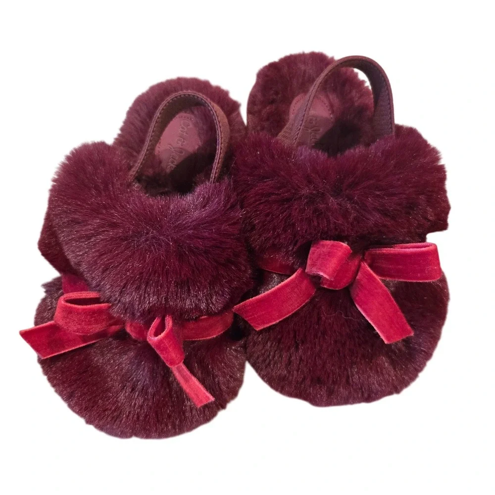 Cat & Jack Toddler Kids Faux Fur Slippers Burgundy‎ Wine Velvet Bow Size M 7/8
